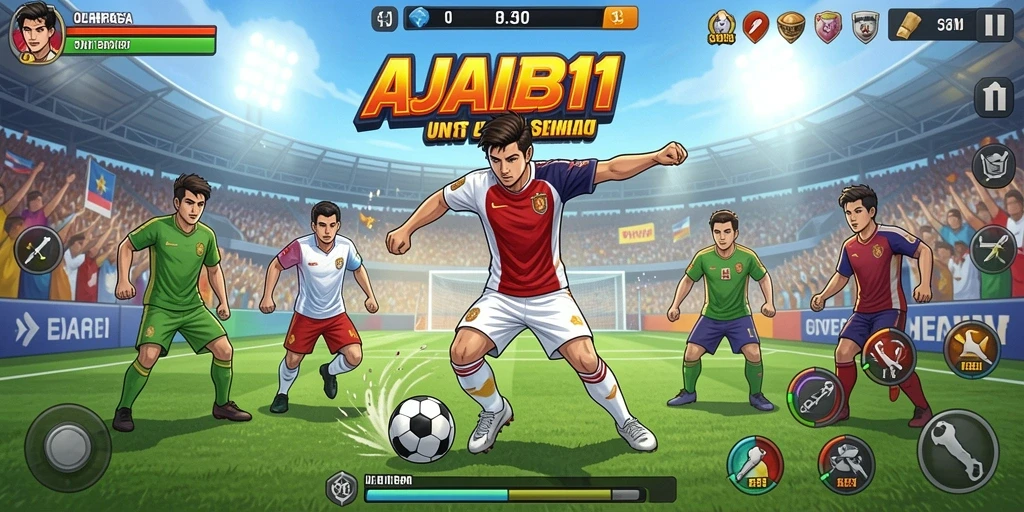 Tampilan gameplay seru yang menggambarkan aksi di lapangan olahraga.
