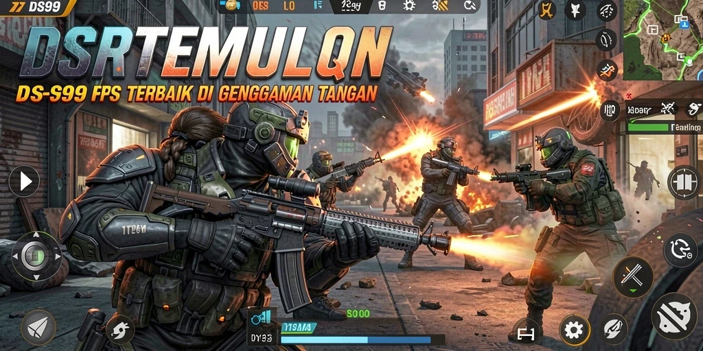 Screenshot gameplay DS99 menunjukkan aksi tembak-menembak yang intens.