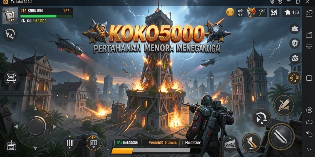 Tangkapan layar gameplay KOKO5000 dengan menara dan musuh yang beraksi.