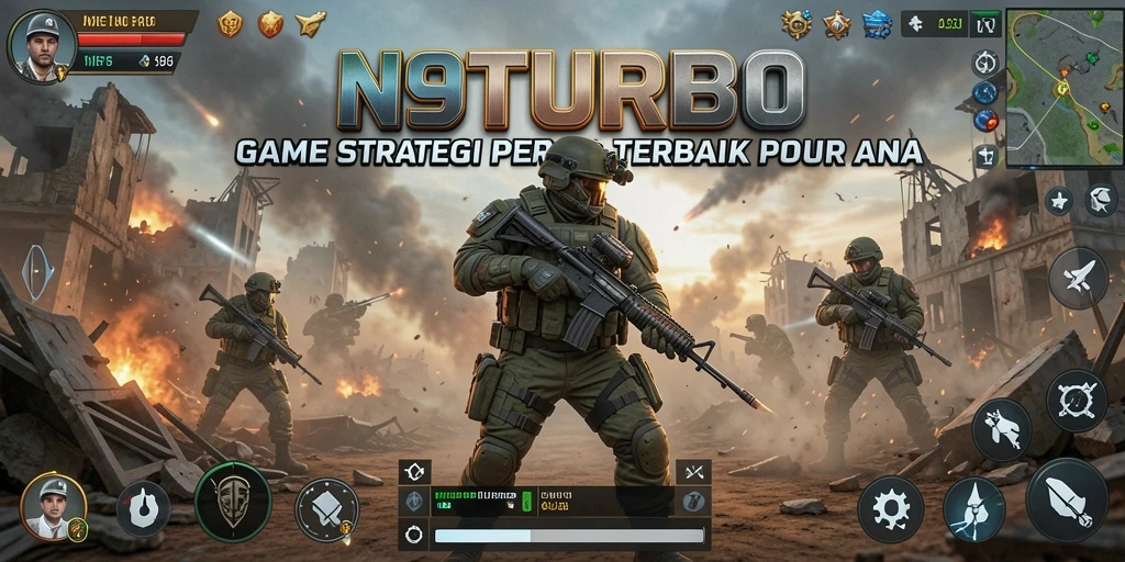 Screenshot N9TURBO yang menampilkan aksi pertempuran strategi.