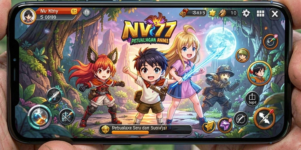 Screenshot gameplay NV77 yang menampilkan karakter anime dalam pertempuran.