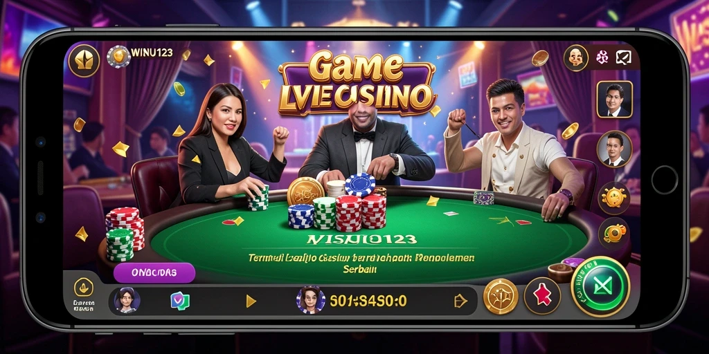 Screenshot gameplay WISNU123 menampilkan dealer langsung dan suasana kasino yang nyata.